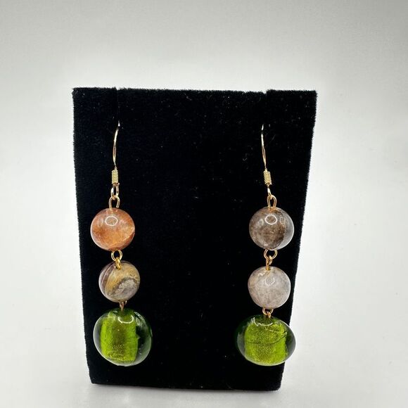 2.5" Green glass and agate stone dangle earrings with gold over 925 hooks! - Picture 12 of 14